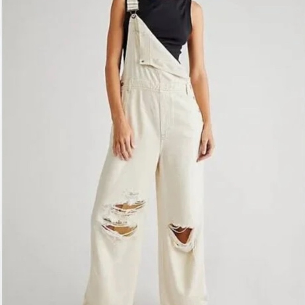 Free People Ivory Distressed Overalls